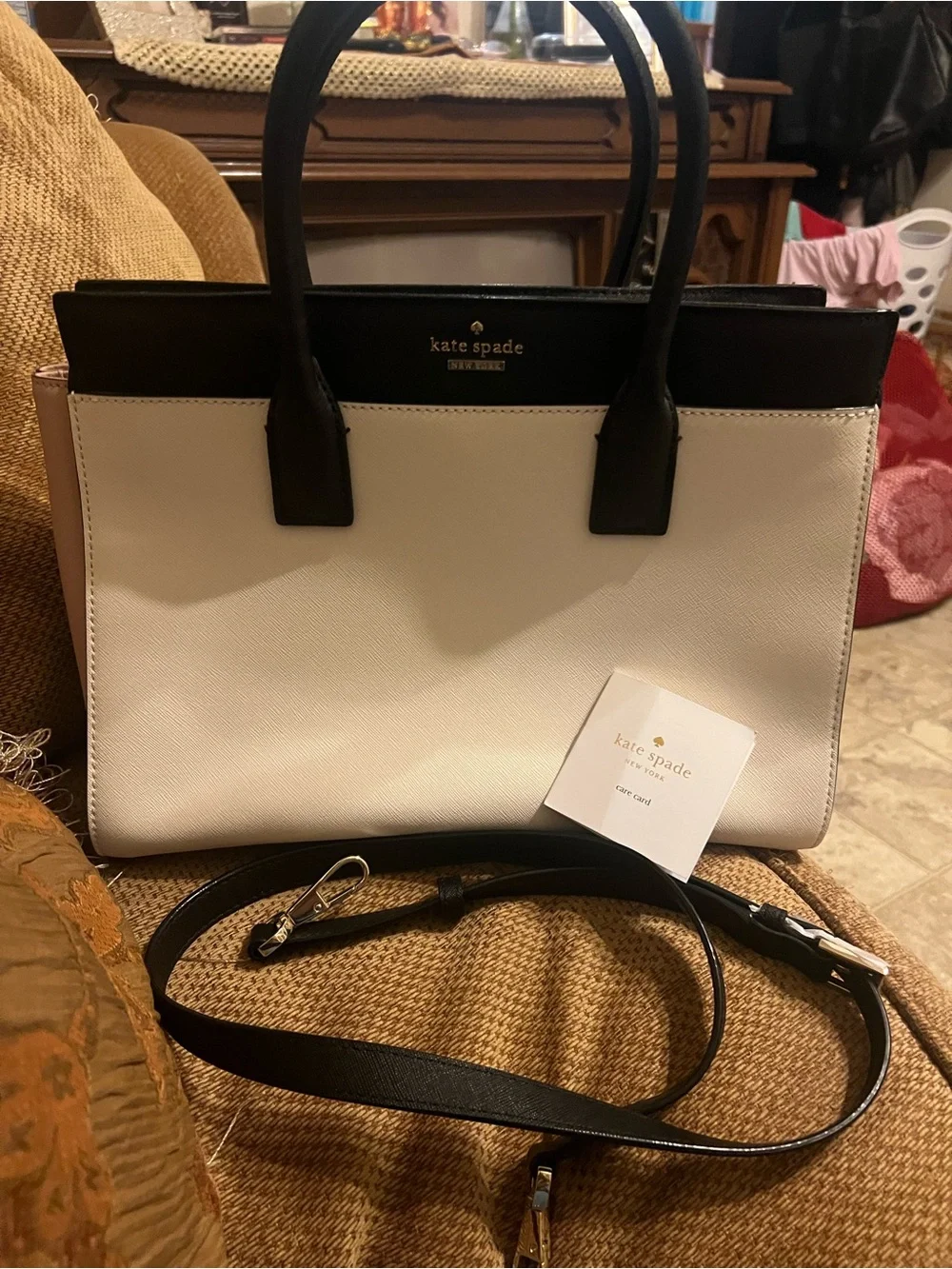 kate spade Two-Tone Black and White Leather Satchel with Detachable Strap